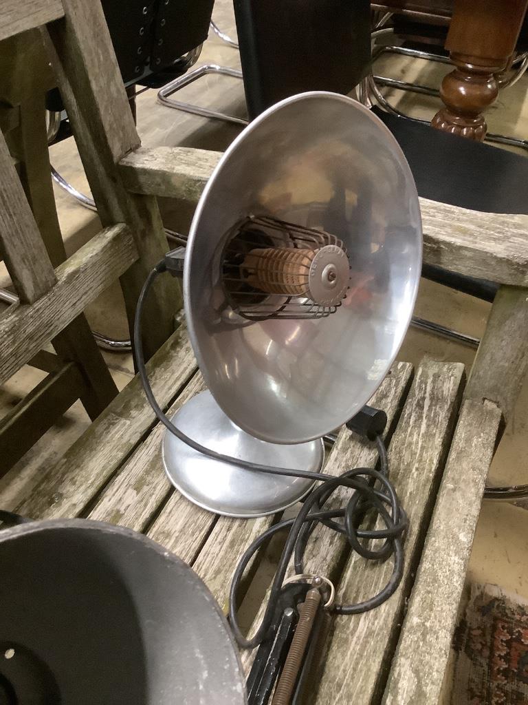 Five vintage heaters and lamps